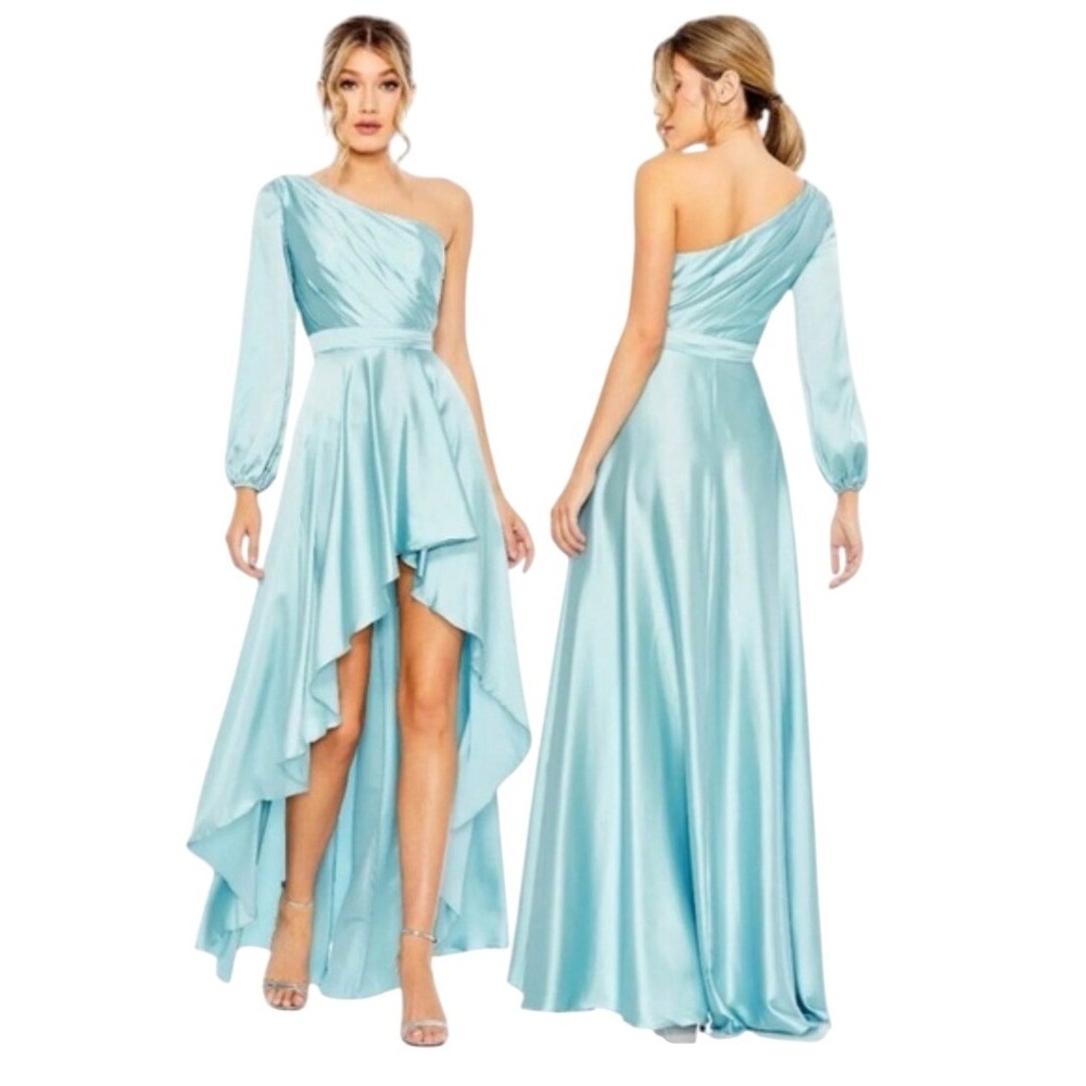 Ieena For Mac Duggal Blue Long Sleeve One Shoulder Satin High Low A-Line Gown 14
